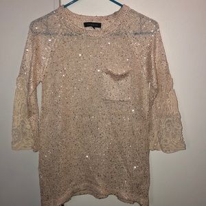 !Beautiful sequined cream colored sweater, lace detail, size small